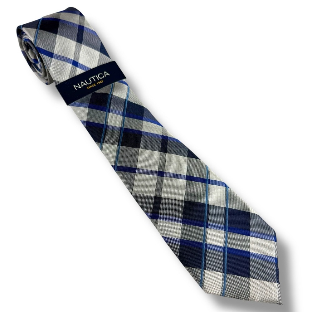 Nautica Men's Necktie Blue Gray‎ Navy Plaid 100% Silk Classic Preppy New W/Tags